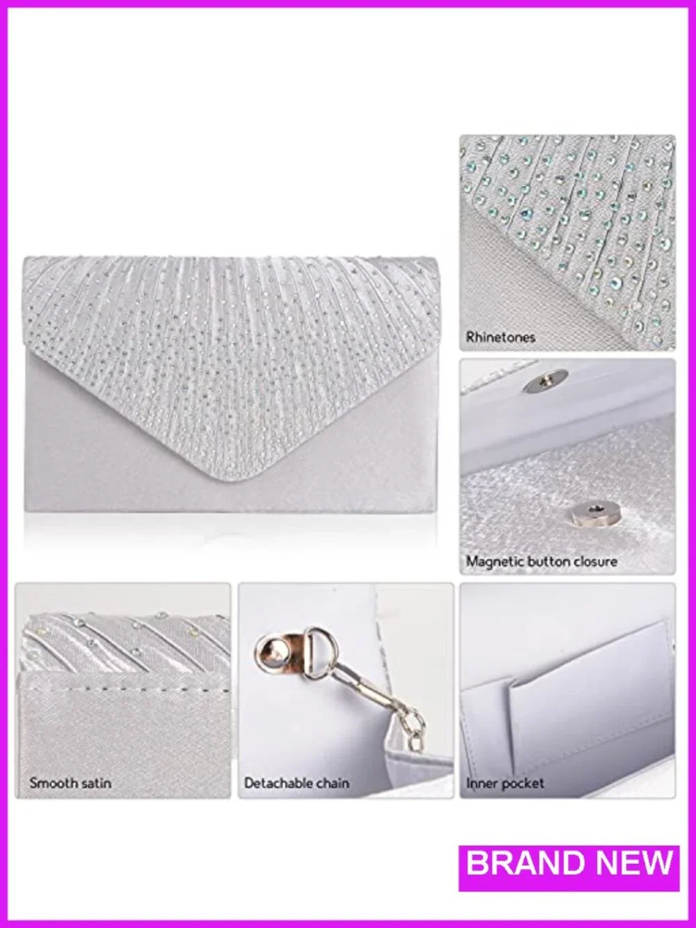Satin Evening Clutch with Rhinestones, Crossbody Chain, Formal Party